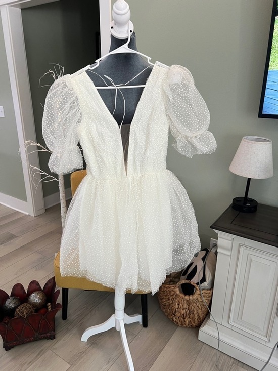 have dress Dresses & Skirts - White Puff Sleeve Mini Dress with Swiss Dot Texture